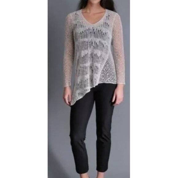 Eileen Fisher Melange Crochet Tunic V-Neck‎ Sweater Linen XL Pebble Asymmetric - Picture 1 of 11